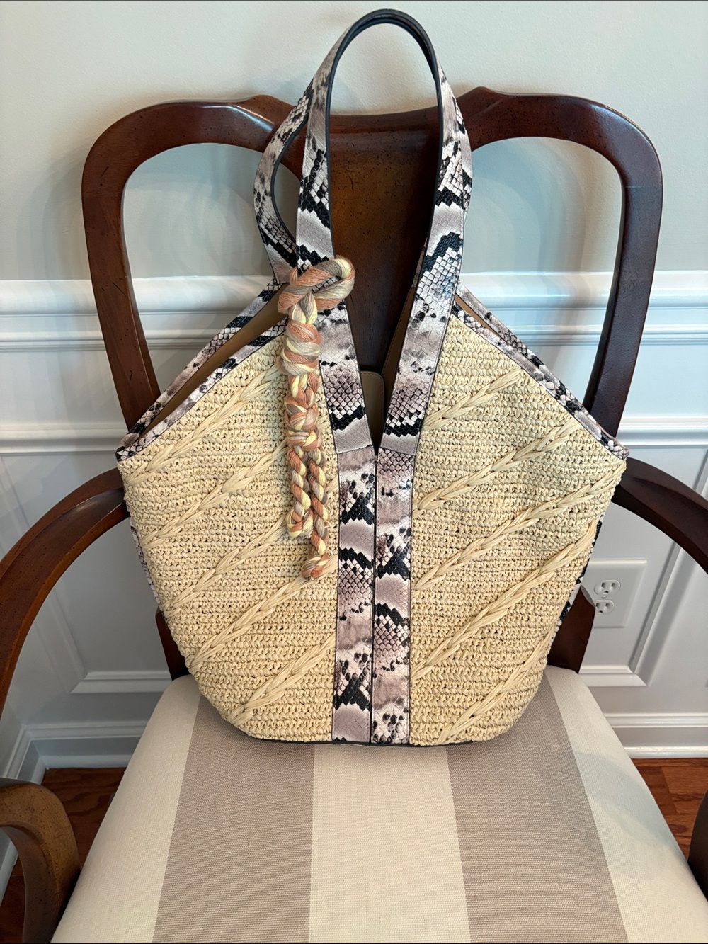 Vince Camuto Woven Straw Tote with Snake-Print Trim
